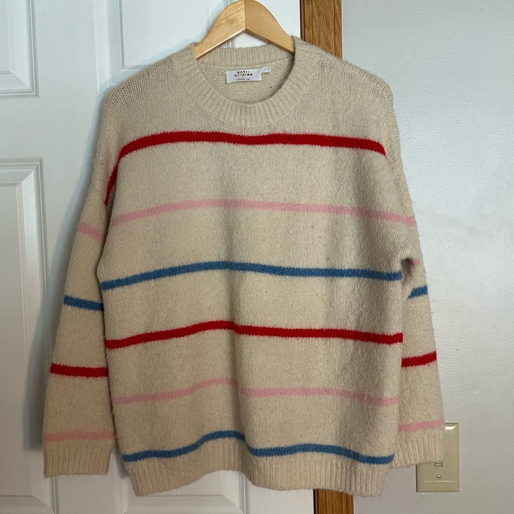 Striped Cozy Crewneck Sweater in Cream with Red, Pink & Blue Stripes